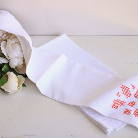 Vintage White Linen Damask Towels With Orange Cross Stitch, Set Of Hand Towel - Picture 5 of 13